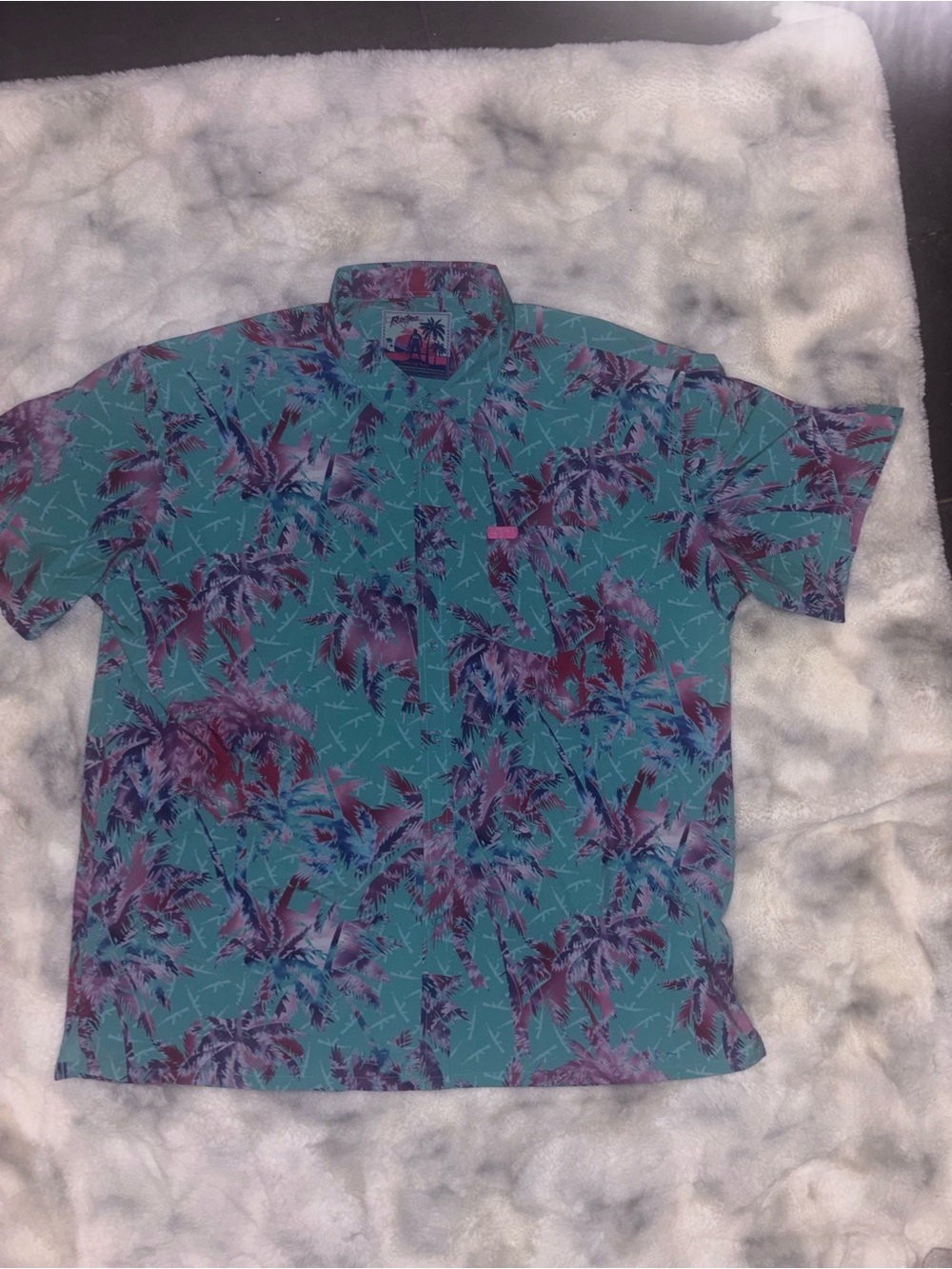 Retro AK Teal and Purple Tropical Short-Sleeve Button-Down Shirt